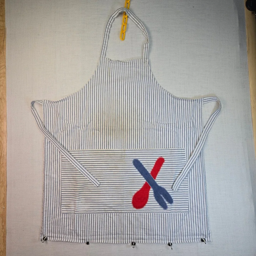 VTG Handmade Hickory Stripe Apron Applique Blue White‎ Utensils Cooking Pockets